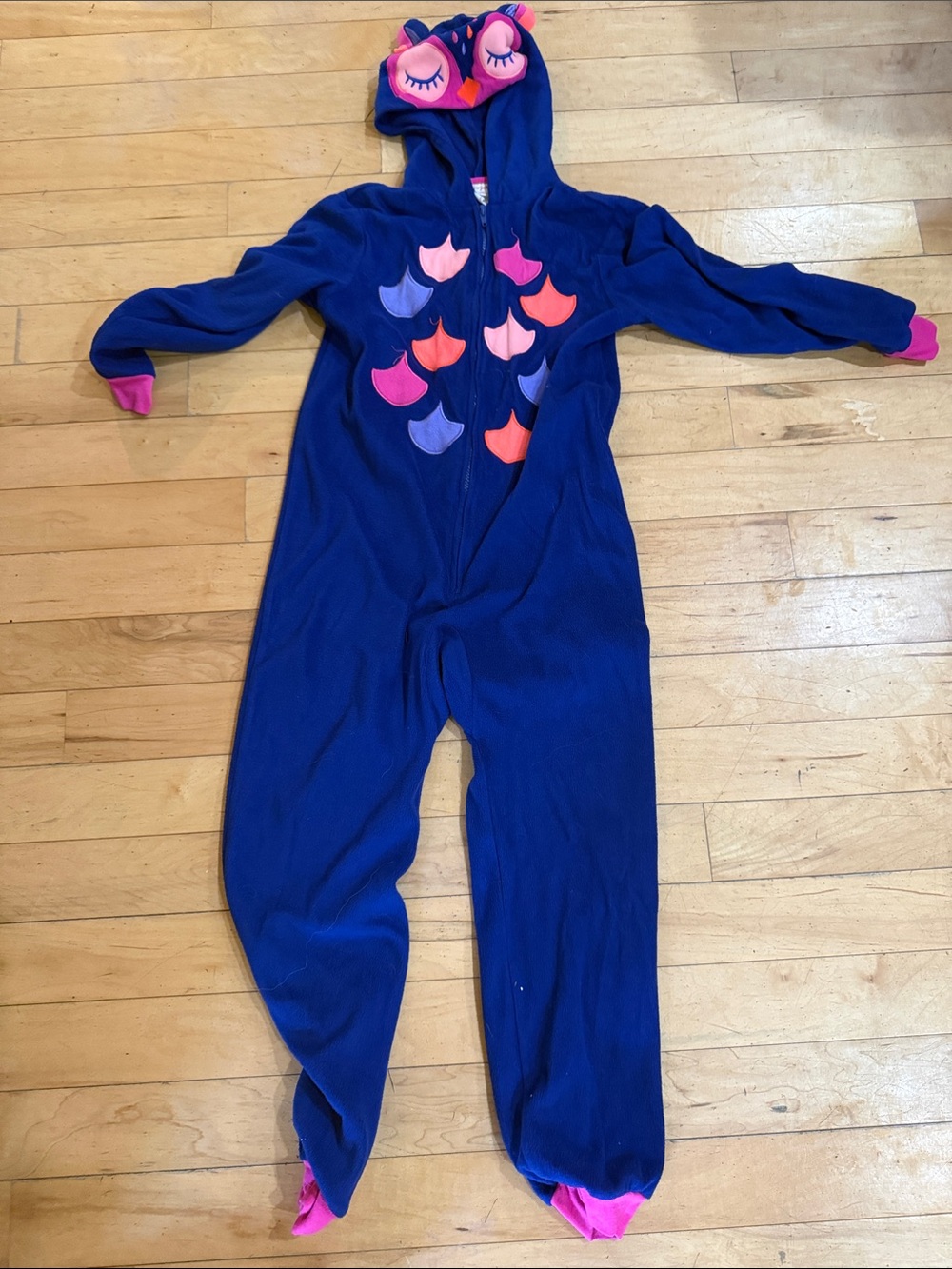 Kids Navy Owl One-Piece Hooded Fleece Pajamas with Pink Accents 10/12